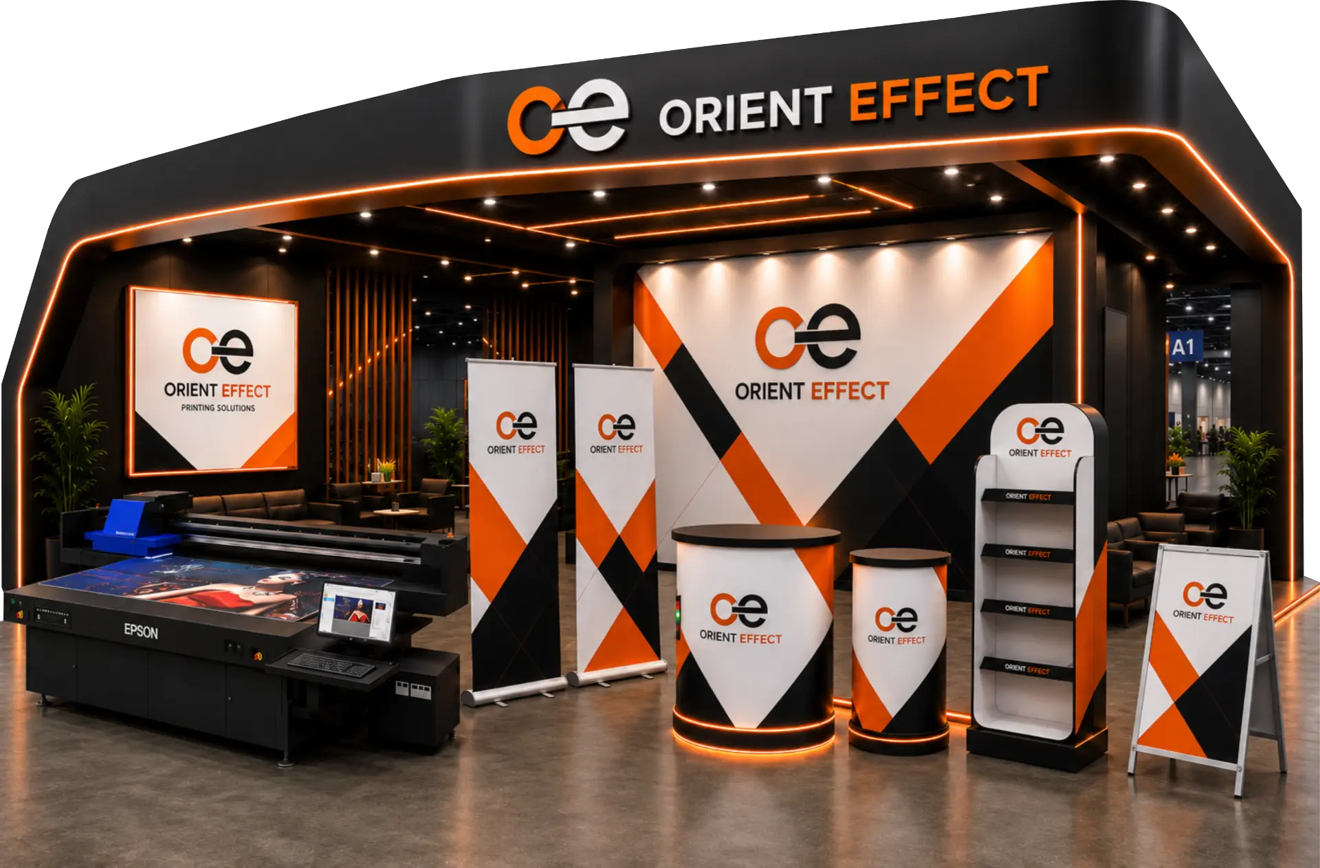 Orient Effect — выставочный стенд: roll-up баннеры, промостойки, POSM конструкции и УФ-печать